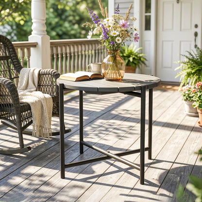 Industrial Garden Side Table | Slatted Fir Wood Top | Metal Frame | 54x54x45.5cm | 25kg | Dark Grey
