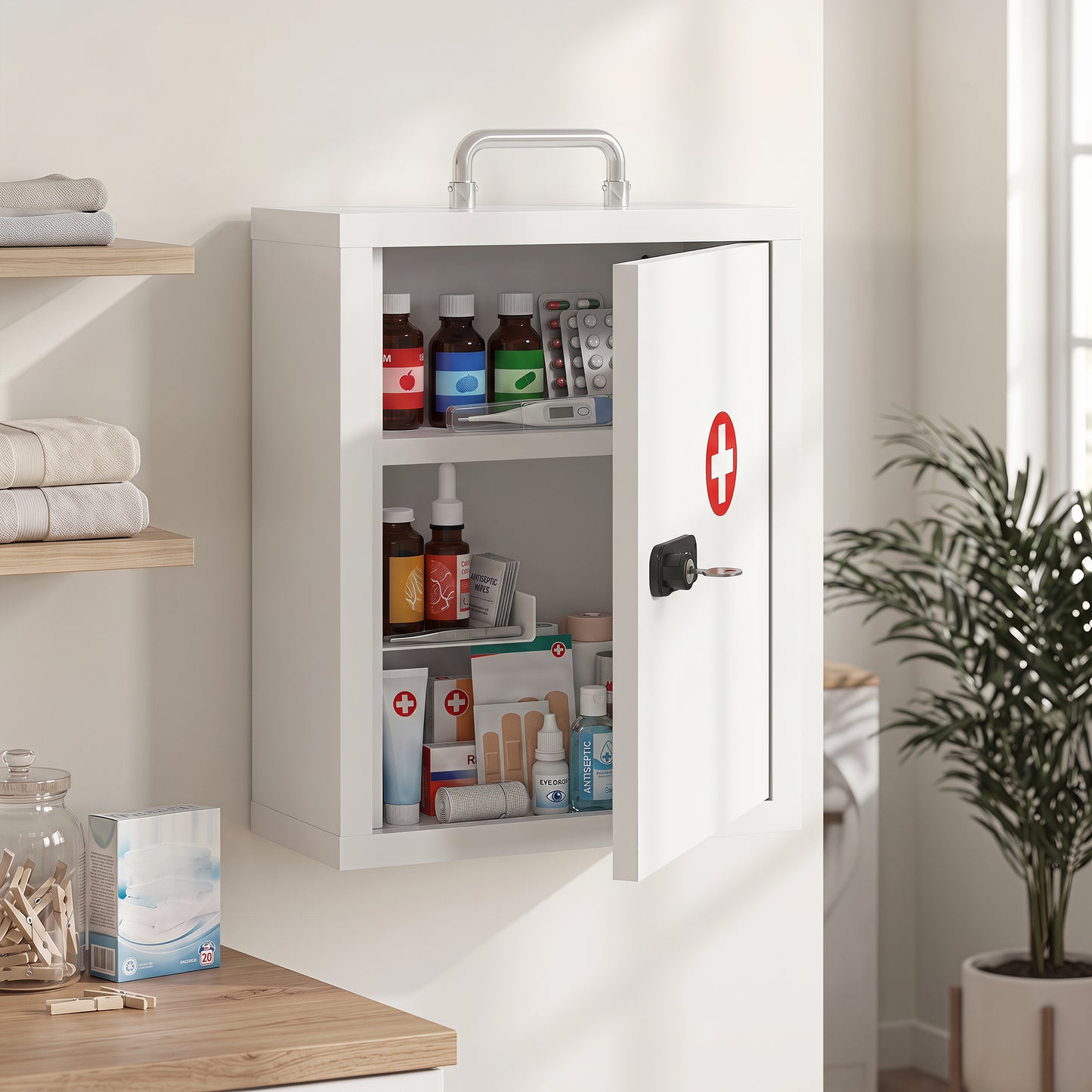 Wall Mount Medicine Cabinet | Combination & Key Dual Lock | 3-Tier Steel | 5kg | No Assembly | 32 x 14 x 38cm | White