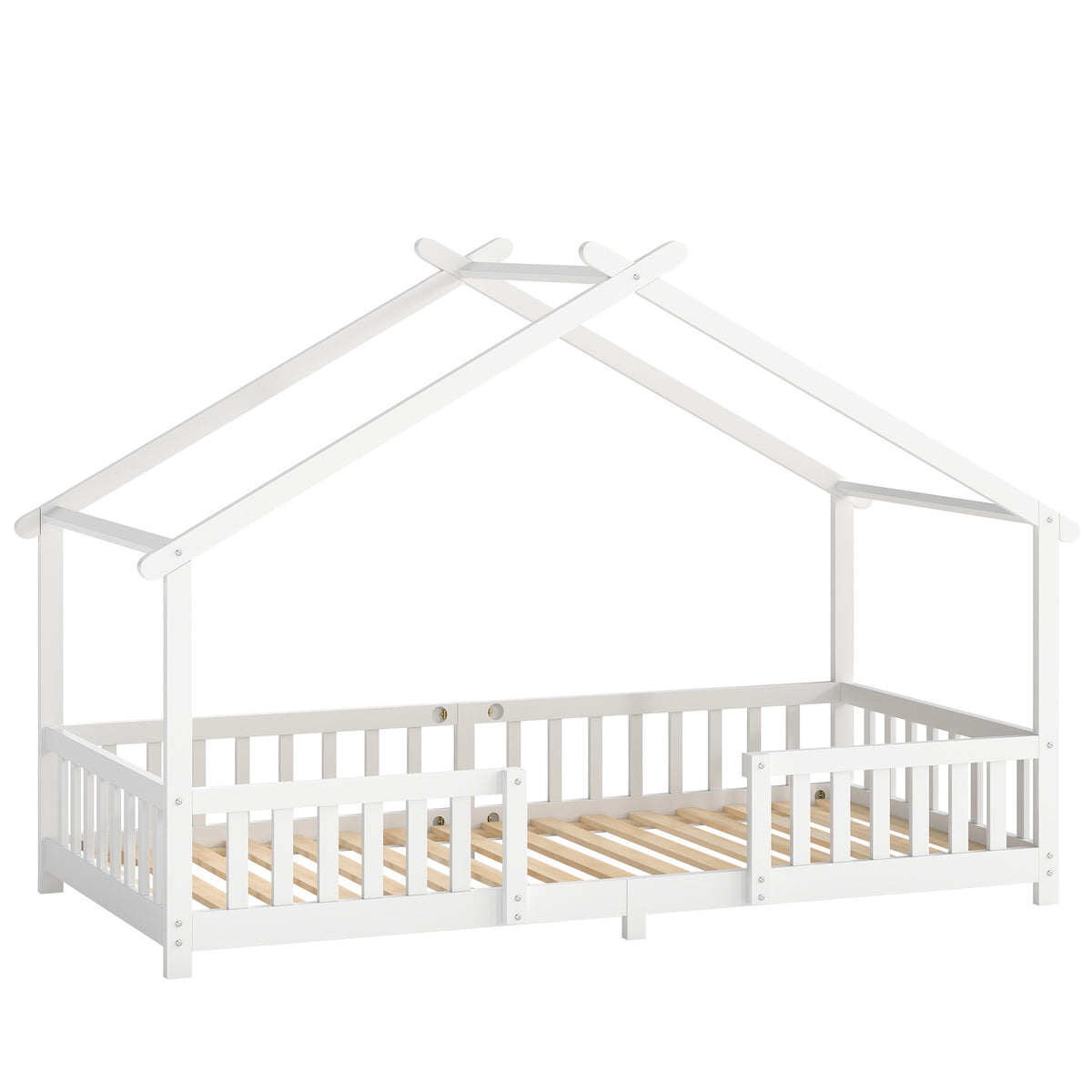 Kids House Single Bed Frame | Solid Pine Wood | House-Shaped Roof Design | Dual Guardrails | 5.5cm Low Floor Height | Fits 200x90cm Mattress | Max 110kg | 217x94x140cm | White or Pink