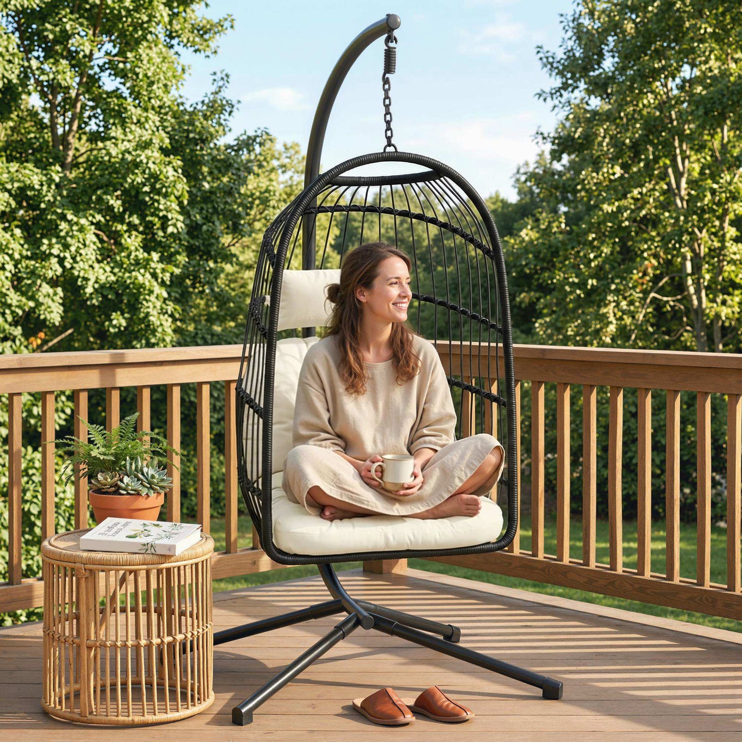 Hanging Egg Chair with Stand | 15cm Thick Cushion & Headrest | Adjustable Chain | Safety Strap | Foldable Basket | PE Rattan | 120kg | Indoor & Outdoor | Black & Cream White