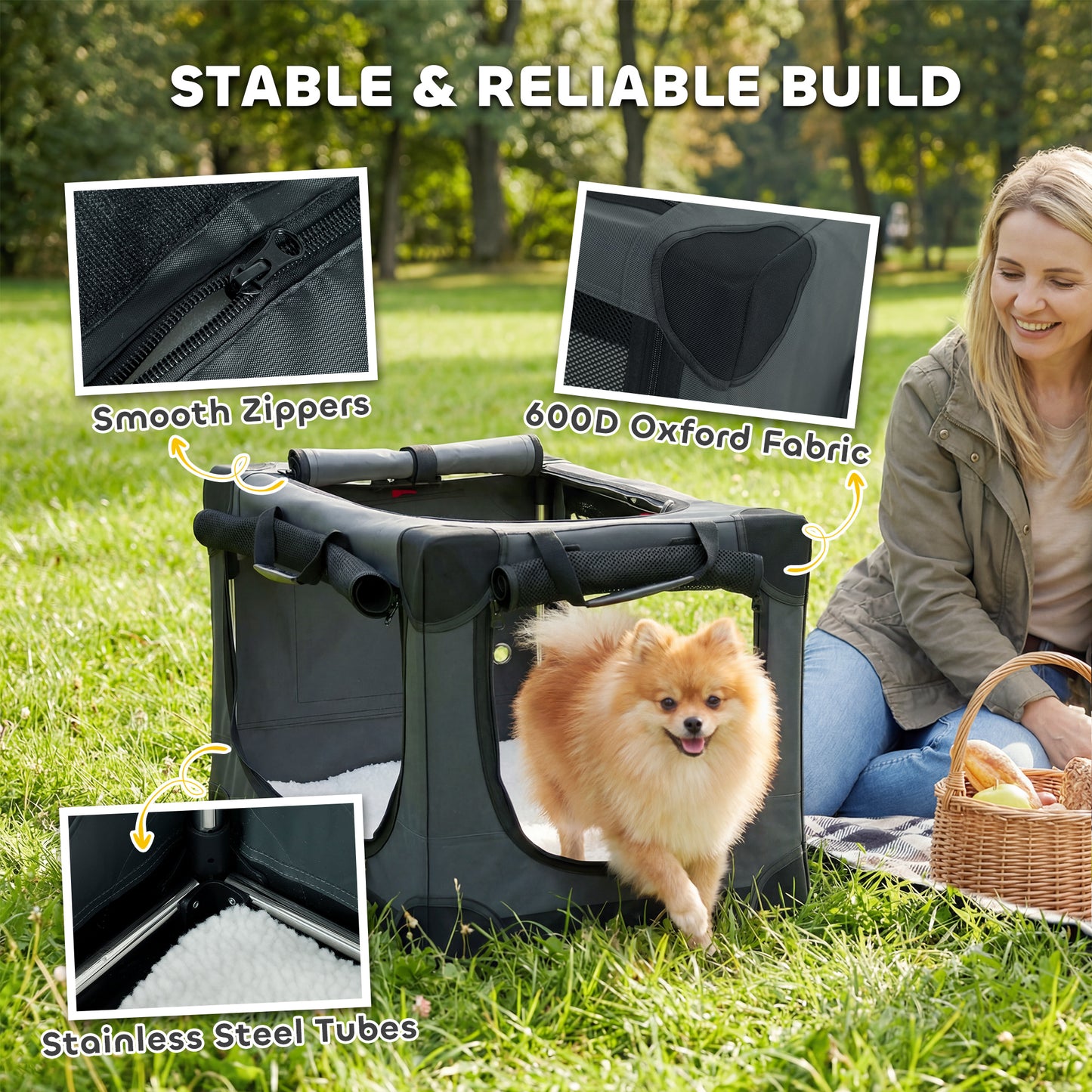 Soft Dog Crate | Pop-Up 8-Rod Frame | 3-Sided Mesh | Full-Zip Closure | Removable Washable Pad | Folds to 42 x 20 x 20cm | Small Dogs up to 4kg | Army Green