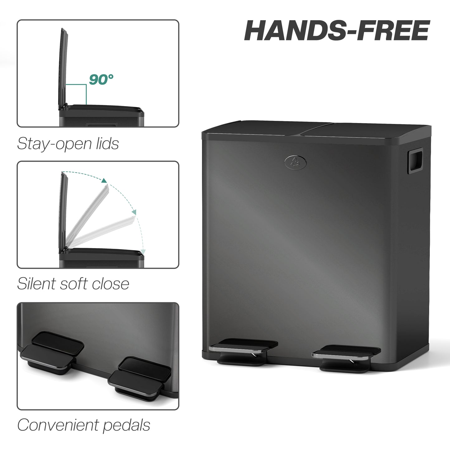 40L 2 x 20 Litre Dual Compartment Stainless Steel Bin, with Deodoriser Holders - Glossy Black