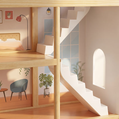 AIYAPLAY Wooden Dolls House | 3 Storeys & 5 Play Areas | 11 Movable Accessories | Balcony & Stairs | 66cm Tall | White | Ages 3+
