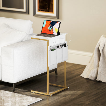 C-Shaped Bedside Table with Charging Station, Marble Grain Side Table with Power Outlets & USB Ports, Storage Bags, White