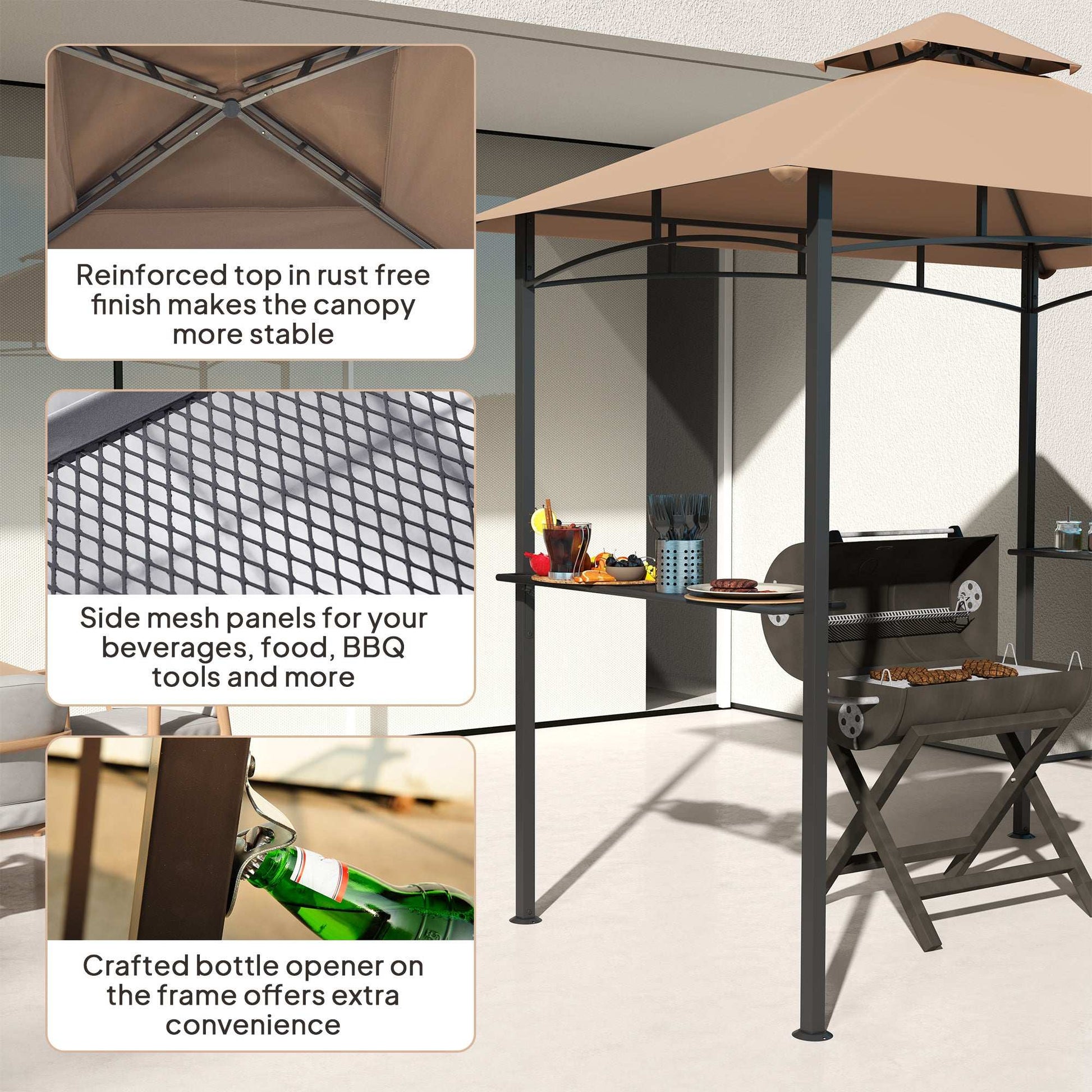 2.5M (8ft) New Double-Tier BBQ Gazebo Shelter Grill Canopy Barbecue Tent Shelter Patio Deck Cover - Khaki