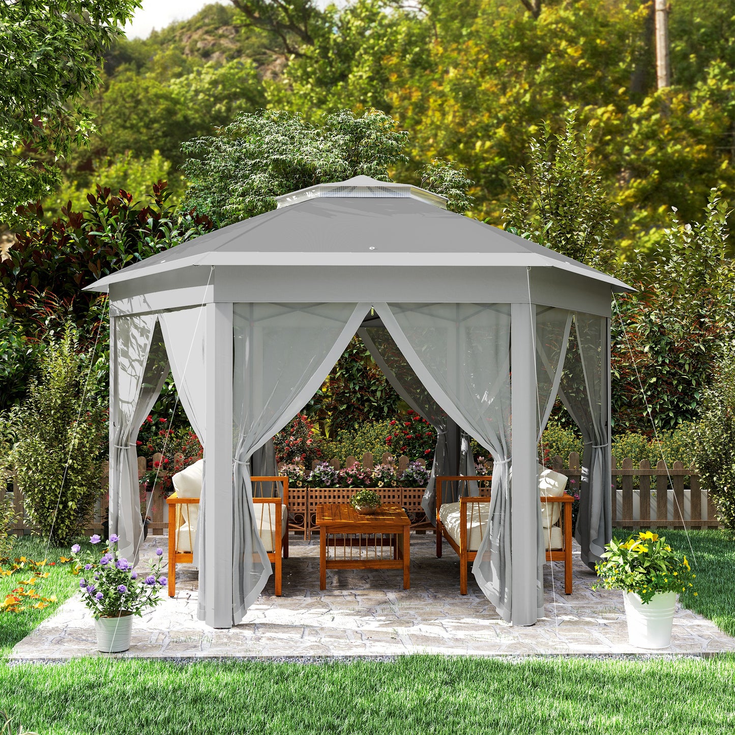 3 x 4m Garden Gazebo Hexagon Pop Up Party Tent Canopy Double Roof Instant Shelter with Netting and Carry Bag for Outdoor Patio, Dark Grey