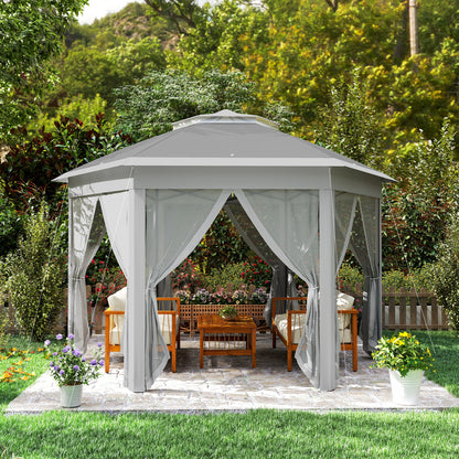 3 x 4m Garden Gazebo Hexagon Pop Up Party Tent Canopy Double Roof Instant Shelter with Netting and Carry Bag for Outdoor Patio, Dark Grey