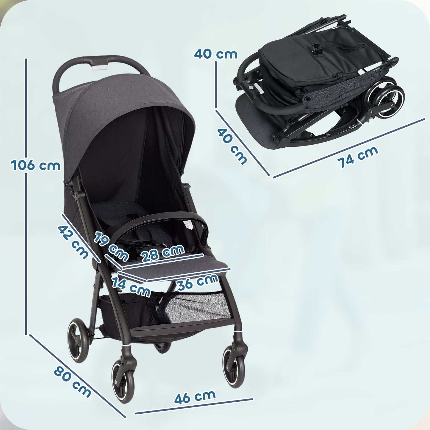 AIYAPLAY Travel Stroller, Lightweight Pushchair, Compact Buggy with Canopy, Basket and Multi-Position Recline, Dark Grey