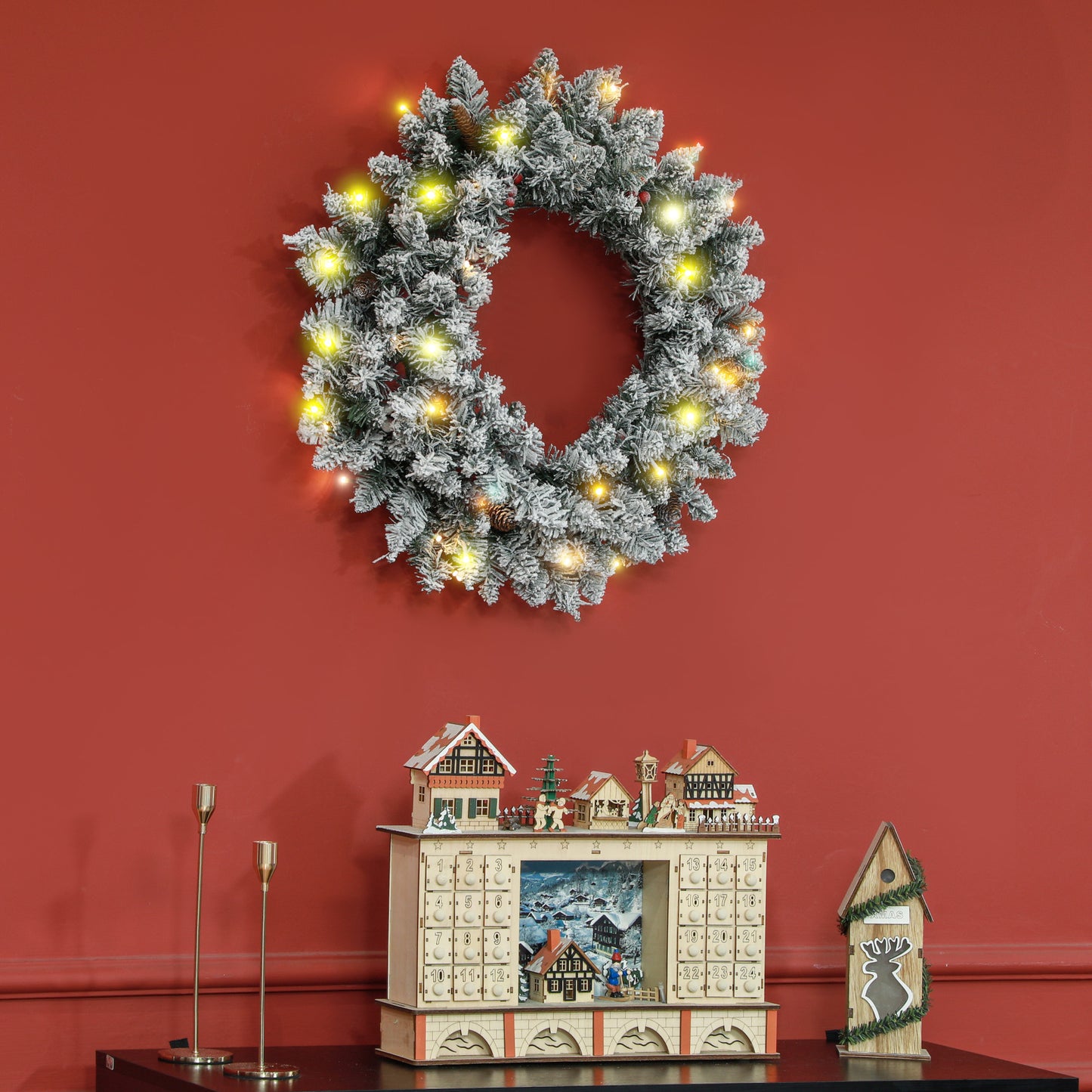 60cm Pre-Lit Christmas Wreath for Front Door with LED Lights, Pine Cones and Red Berries, Flocked Winter Wreath for Windows, Wall Decoration, Green