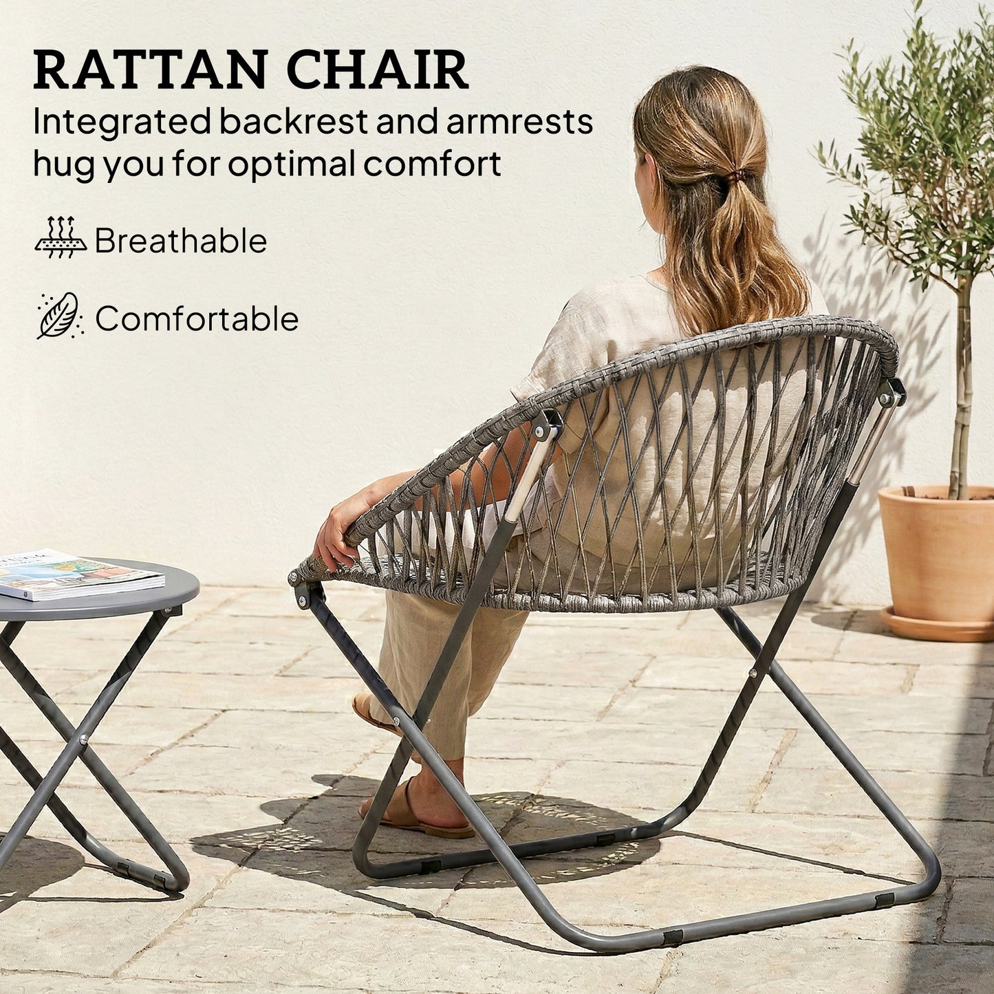 3 Piece Folding Rattan Bistro Set | 2 Chairs | Round Table Dia 45cm | 1000hr UV Resistant Rattan | Galvanised Steel | No Assembly | 120kg | Grey