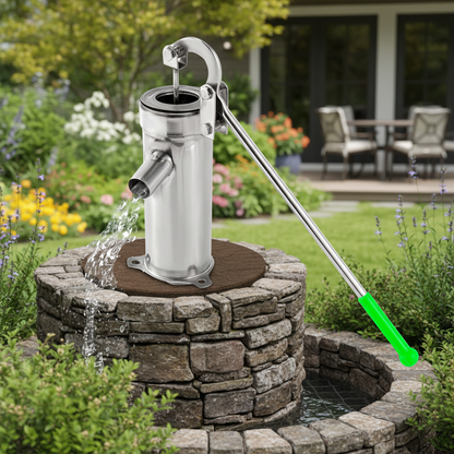 Manual Hand Pump | 202 Stainless Steel | 8m Groundwater Depth | 25.5cm Body | 32mm Inlet | Garden, Yard & Well Use | Silver