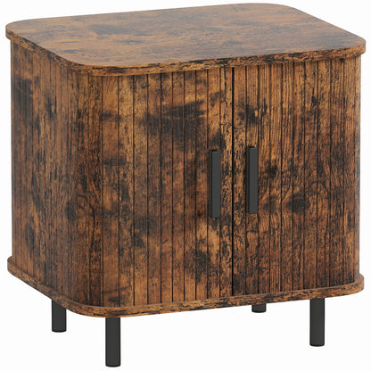 Nordic Bedside Table | Roller Shutter Sliding Doors | 2-Tier Storage | Melamine Surface | Steel Legs | 90kg | 48x40x48cm | Rustic Brown