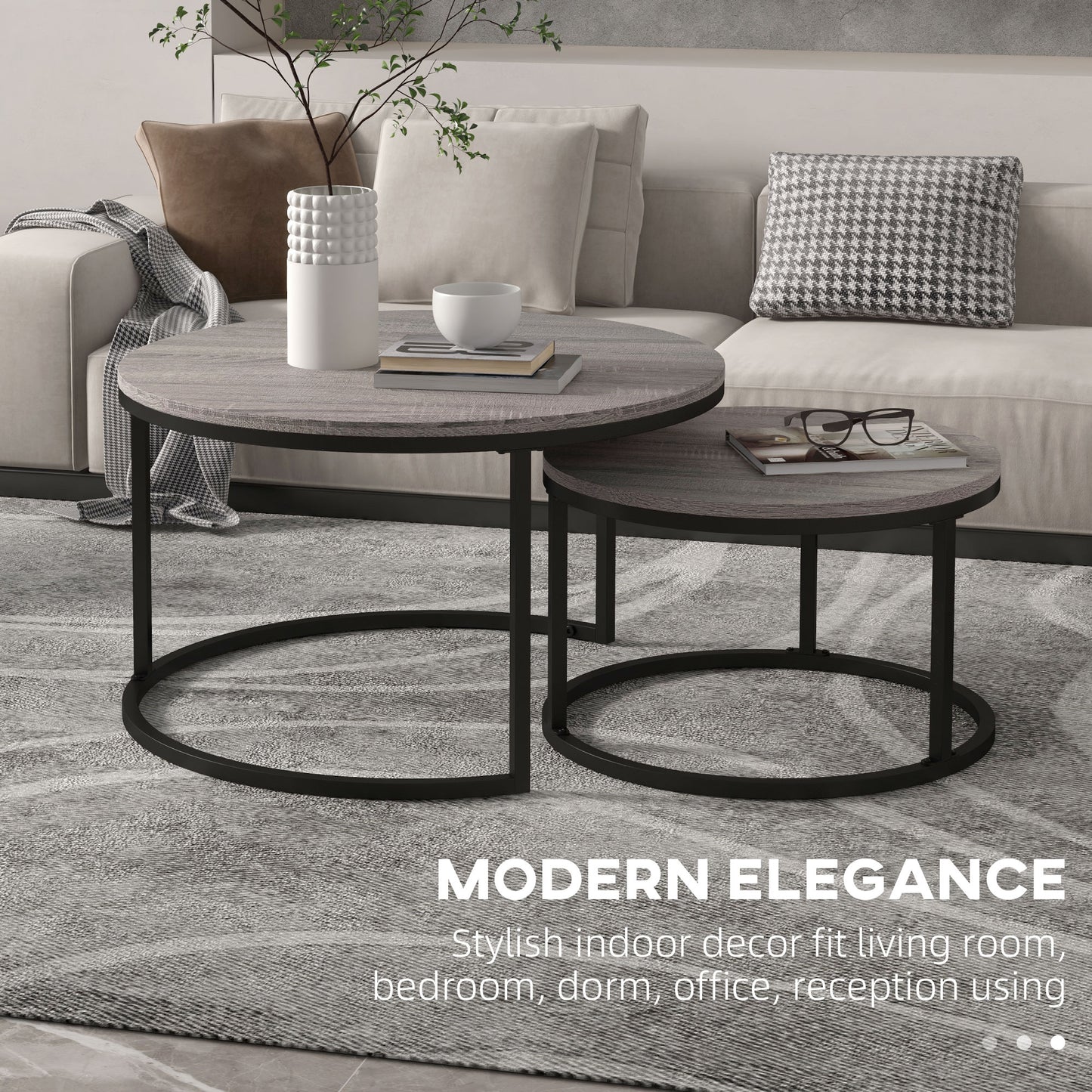 Industrial Nesting Coffee Table Set of 2, Round Coffee Tables, Living Room Table with Wood Effect Top and Steel Frame