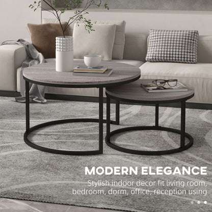 Industrial Nesting Coffee Table Set of 2, Round Coffee Tables, Living Room Table with Wood Effect Top and Steel Frame