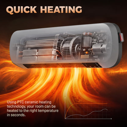 Grey Wall-Mounted Ceramic Heater | 1000W/2000W & Fan Mode | 10–49°C Thermostat | Weekly Timer, LED Display & Remote Control