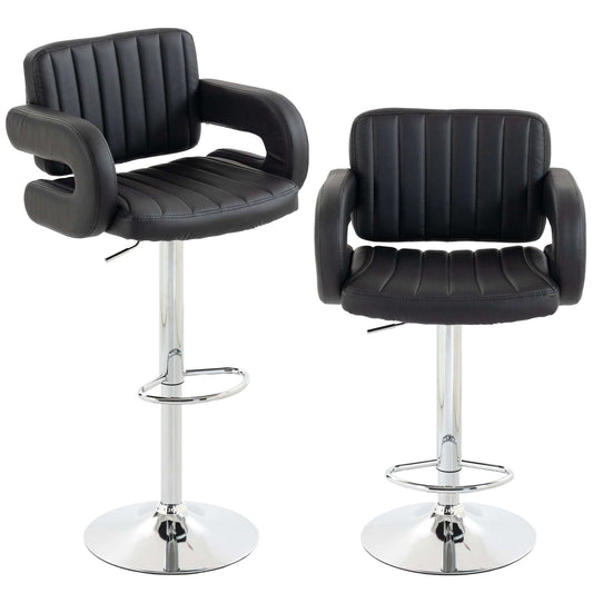 Bar Stools Adjustable Swivel Kitchen Chairs with Backrest Armrest Set of 2 PU Leather Black
