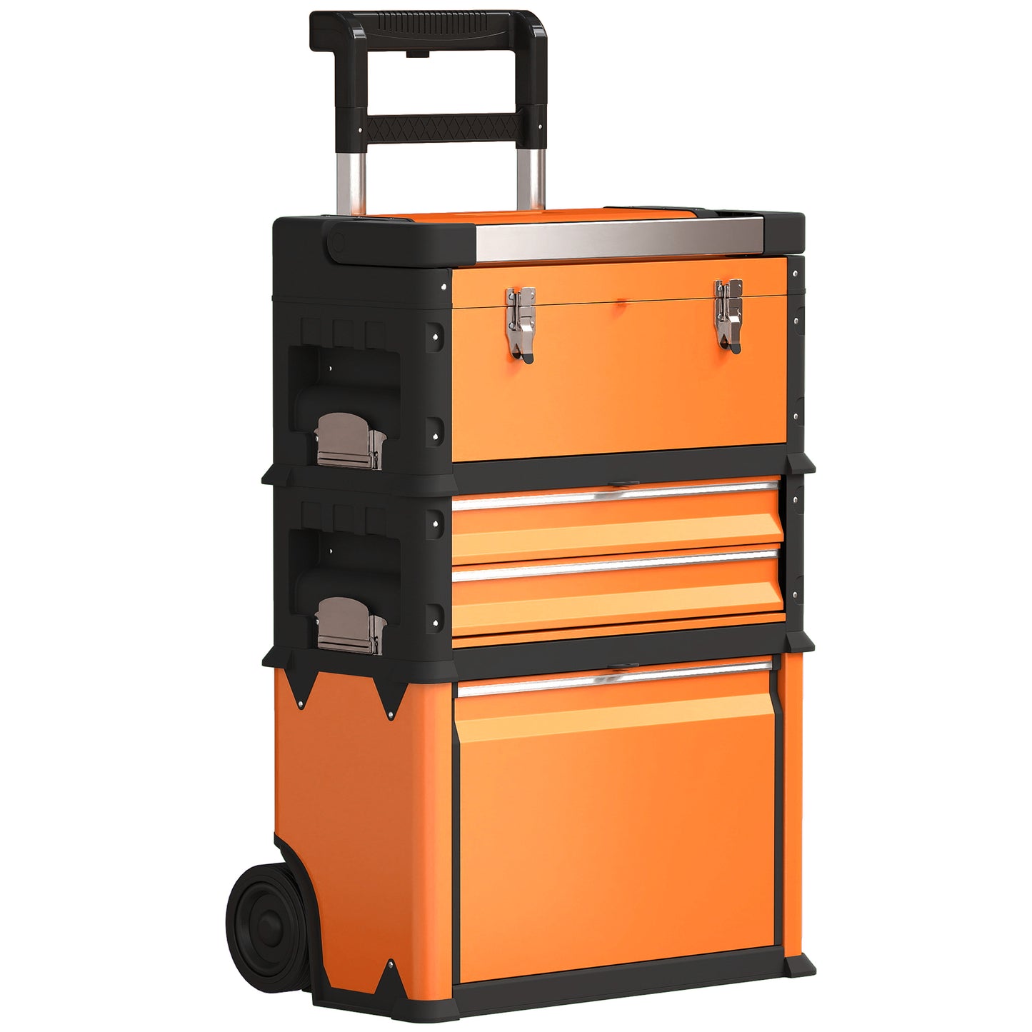 3-in-1 Stackable Three Tier Rolling Tool Storage Box On Wheels - Orange