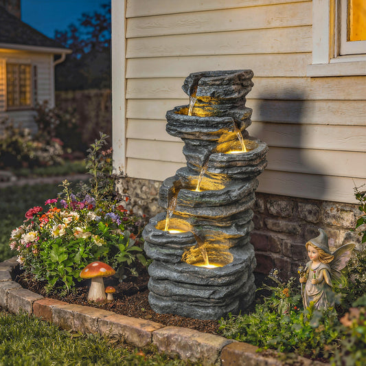 6-Tier Cascading Garden Water Fountain | LED Lights | Resin | Grey | 101.5cm