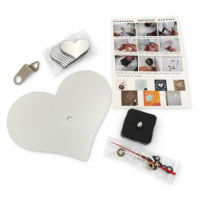 Heart clock kit contents on white background