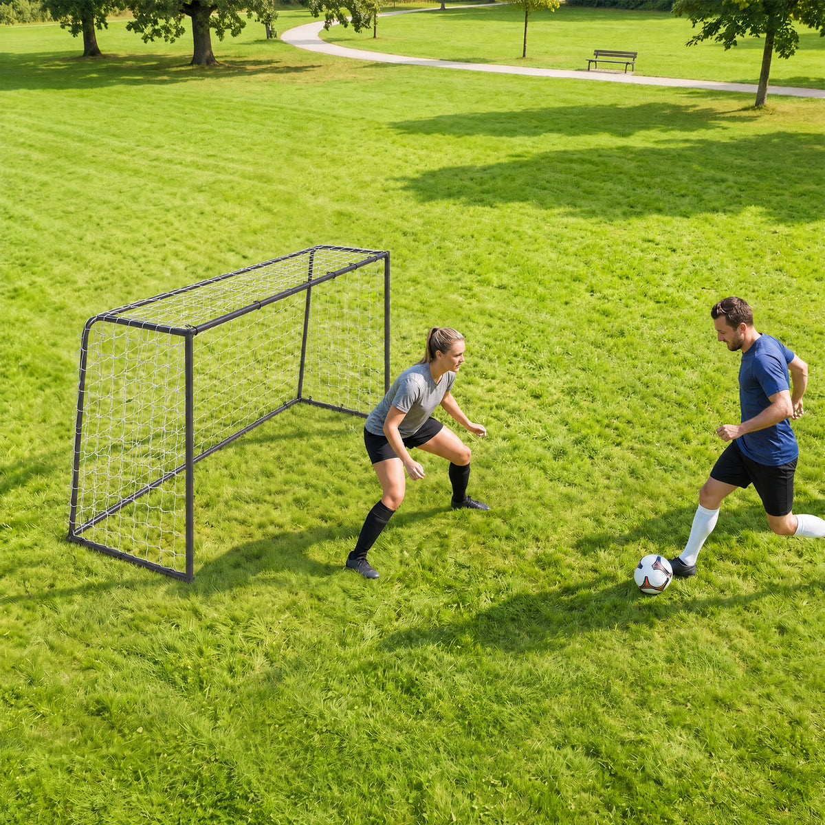 SPORTNOW Football Goal | Black & White | 6x4ft 180x90x122cm | 32mm Metal Frame | Polyester Net 10x10cm Mesh | 22 Bungee Cords | 4 Ground Stakes | Indoor Outdoor | Age 5+