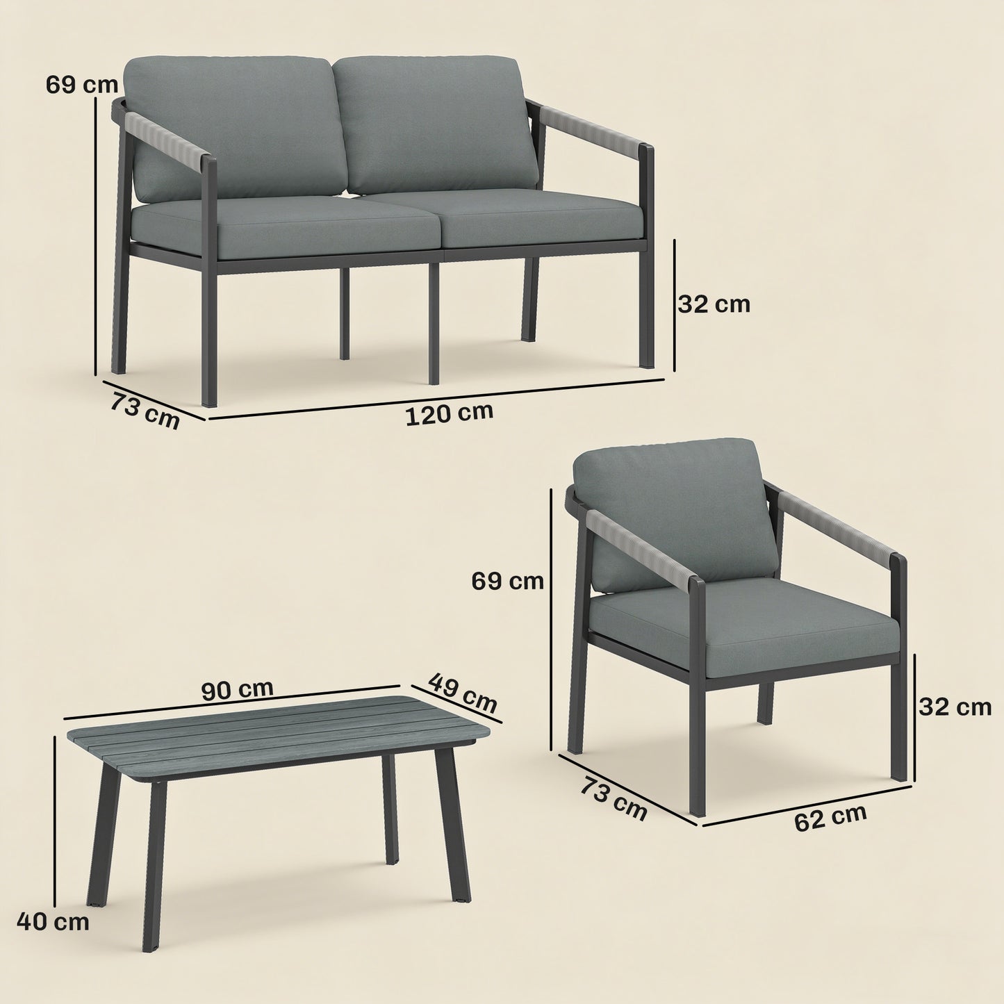 4-Seater Aluminium Garden Furniture Set | Loveseat, 2 Armchairs & Slatted Table | 10cm Cushions | Black