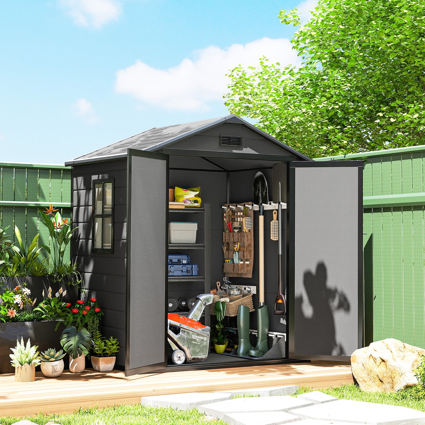Aluminium Alloy & PP Garden Storage Shed | Double Doors | Lock & 3 Keys | Window | Vent | Sloped Roof | 40kg/m² Snow Rating | 183x134x210cm | 2.12m² | Dark Grey