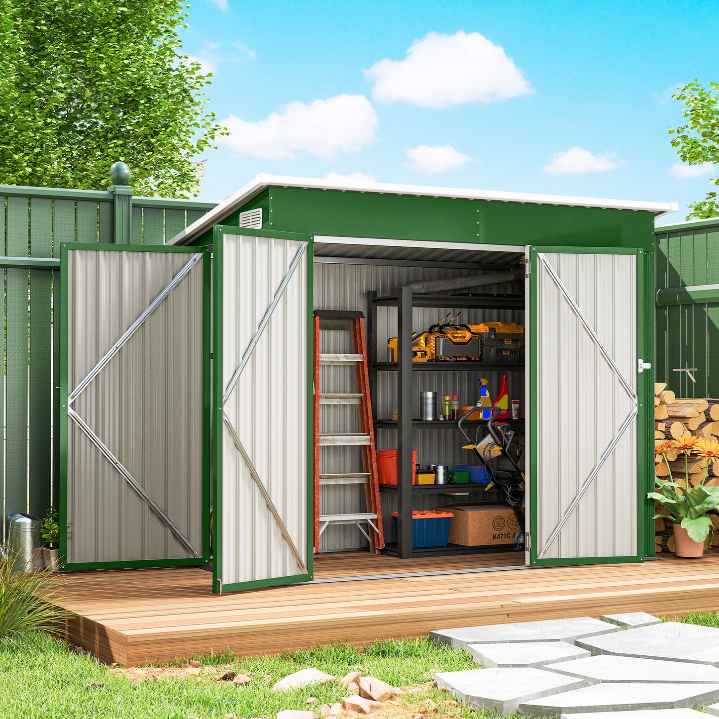Galvanised Steel Garden Storage Shed | Triple Lockable Access | Double Front Doors & Side Door | Powder-Coated | Ventilation Slots | Sloped Roof | 25kg/m² Snow Load | 234x132x185cm | 2.68m² | Green