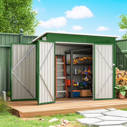 Galvanised Steel Garden Storage Shed | Triple Lockable Access | Double Front Doors & Side Door | Powder-Coated | Ventilation Slots | Sloped Roof | 25kg/m² Snow Load | 234x132x185cm | 2.68m² | Green