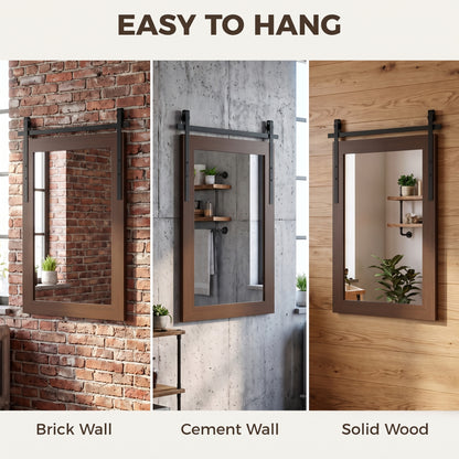 Farmhouse Wall Mirror | 86.5H x 61W cm | Rectangular Tempered Glass & Decorative Barn-Door Detail | Dark Brown / White Oak