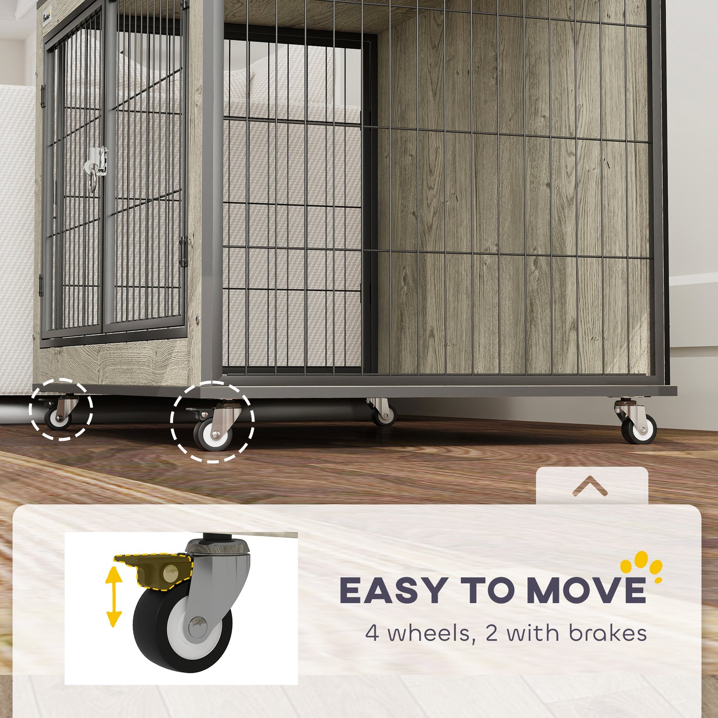 Dog Crate Furniture Side Table with Wheels | Double Doors | Interchangeable Side Door | Medium Dogs up to 20kg | 80 x 56 x 62.5cm | Grey