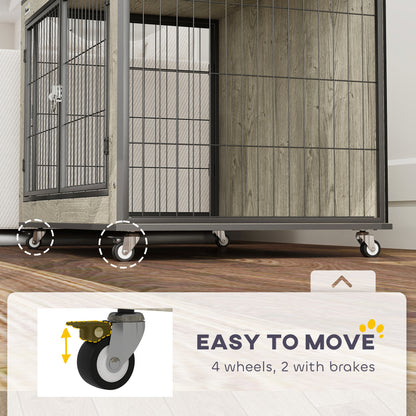 Dog Crate Furniture Side Table with Wheels | Double Doors | Interchangeable Side Door | Medium Dogs up to 20kg | 80 x 56 x 62.5cm | Grey