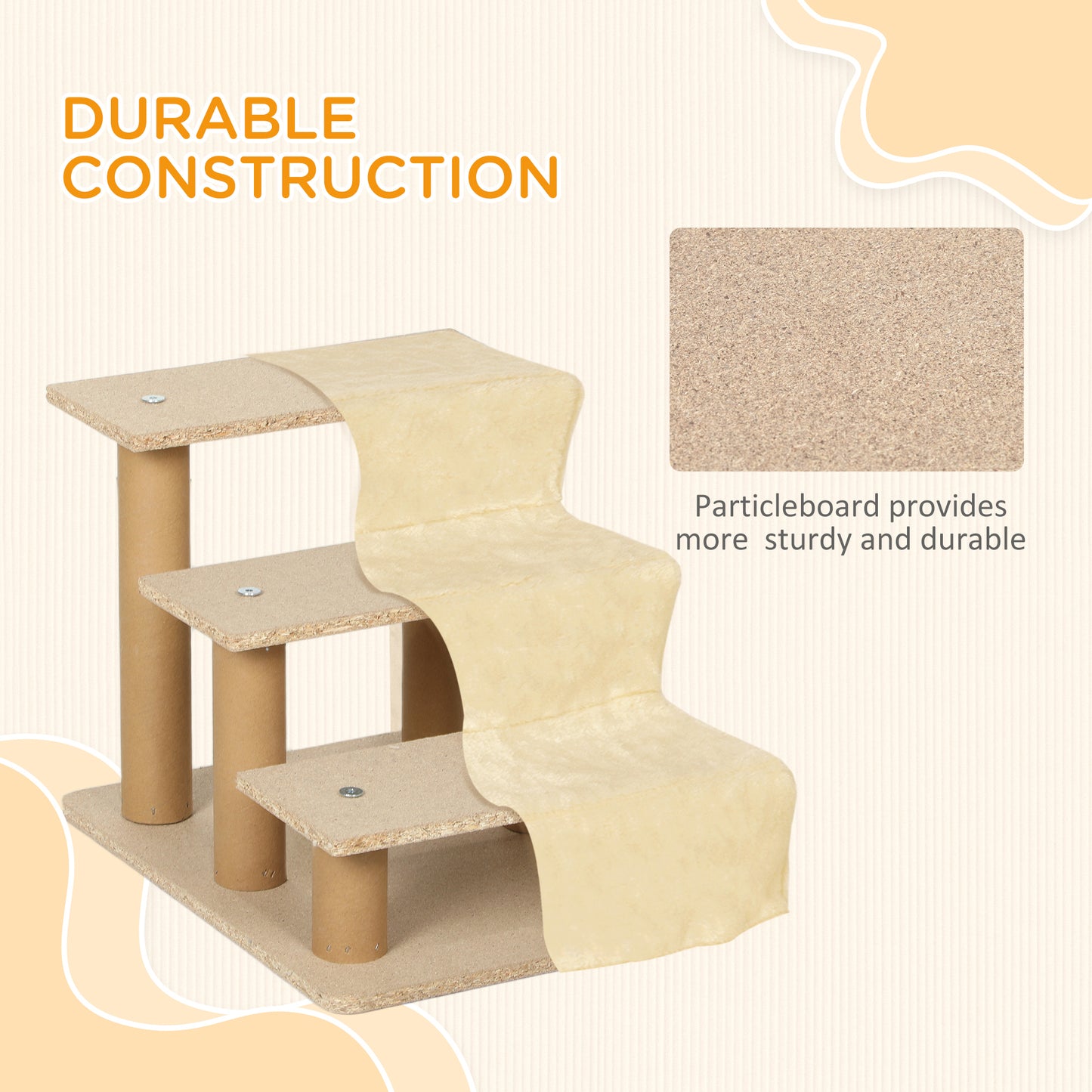 PawHut Three-Step Dog Stairs Steps  with Washable Plush Cover, for High Bed Sofa, Dog Stairs for Small Dog and Cat - Beige