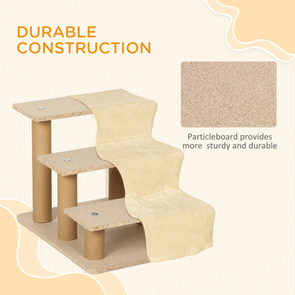 PawHut Three-Step Dog Stairs Steps  with Washable Plush Cover, for High Bed Sofa, Dog Stairs for Small Dog and Cat - Beige