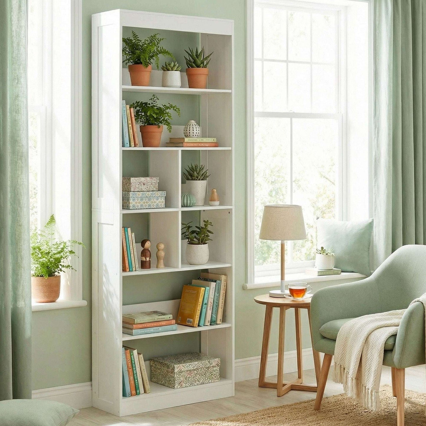 6-Tier Bookcase | 4 Open Shelves & 4 Cubes | 180cm Tall | Anti-Tip Hardware & Back Baffles | Water & Scratch-Resistant Melamine | 35kg Total 5kg Per Tier | 68x24x180cm | White