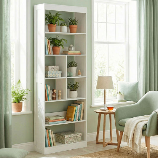 6-Tier Bookcase | 4 Open Shelves & 4 Cubes | 180cm Tall | Anti-Tip Hardware & Back Baffles | Water & Scratch-Resistant Melamine | 35kg Total 5kg Per Tier | 68x24x180cm | White