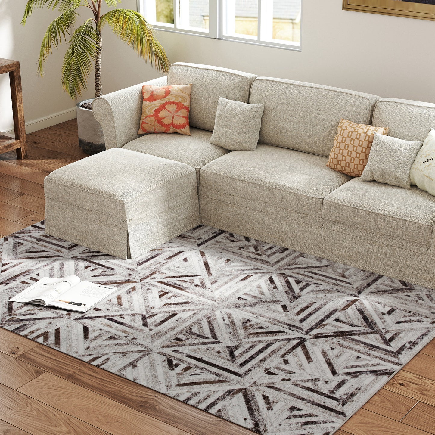 Modern Chenille Area Rug | Faux Leather Patchwork Print | Machine Washable | Non-Slip | Foldable | 230x160cm | Brown | Living Room Bedroom Dining Room Home Office