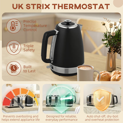 Stainless Steel Kettle and Toaster Set, 1.7L 3000W Rapid Boil Jug Kettle with UK Strix Thermostat, Limescale Filter, 4 Slice Toaster with 7 Browning Controls, Crumb Tray, Black and Silver Tone