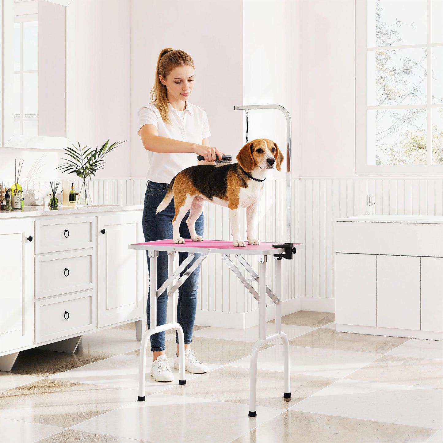 Foldable Dog Grooming Table | Non-Slip Rubber Top | Adjustable Arm 20-60cm | 20kg | Pink