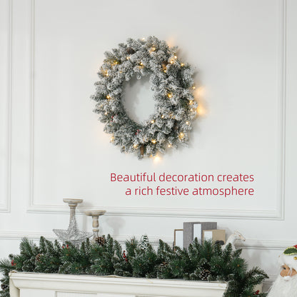 60cm Pre-Lit Christmas Wreath for Front Door with LED Lights, Pine Cones and Red Berries, Flocked Winter Wreath for Windows, Wall Decoration, Green