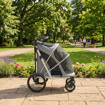 Dog Stroller for Small & Medium Dogs | Rust-Resistant Aluminium Frame | Breathable Mesh Windows | Adjustable Handlebar | Removable Cushion | Quick Fold | 16" & 8" Wheels | 20kg Max | 94x69x118cm | Grey