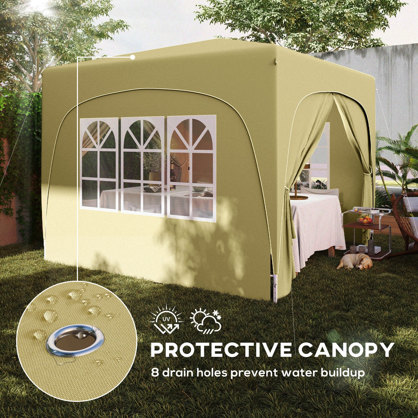 3x3m Pop-Up Gazebo | UPF50+ Oxford Fabric | 3-Height Adjustment 253-273cm | 2 Windows & Dual Doors | 8 Drainage Holes | 4 Guy Ropes & 12 Ground Stakes | Carry Bag | Fits 6-9 People | Sand