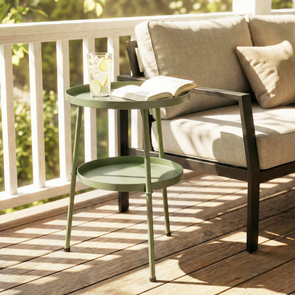 2 Tier Round Garden Bistro Side Table | 36x36x53cm | 32cm Top Tray | Tripod Base | Adjustable Feet | Powder Coated Metal | 20kg | Light Green