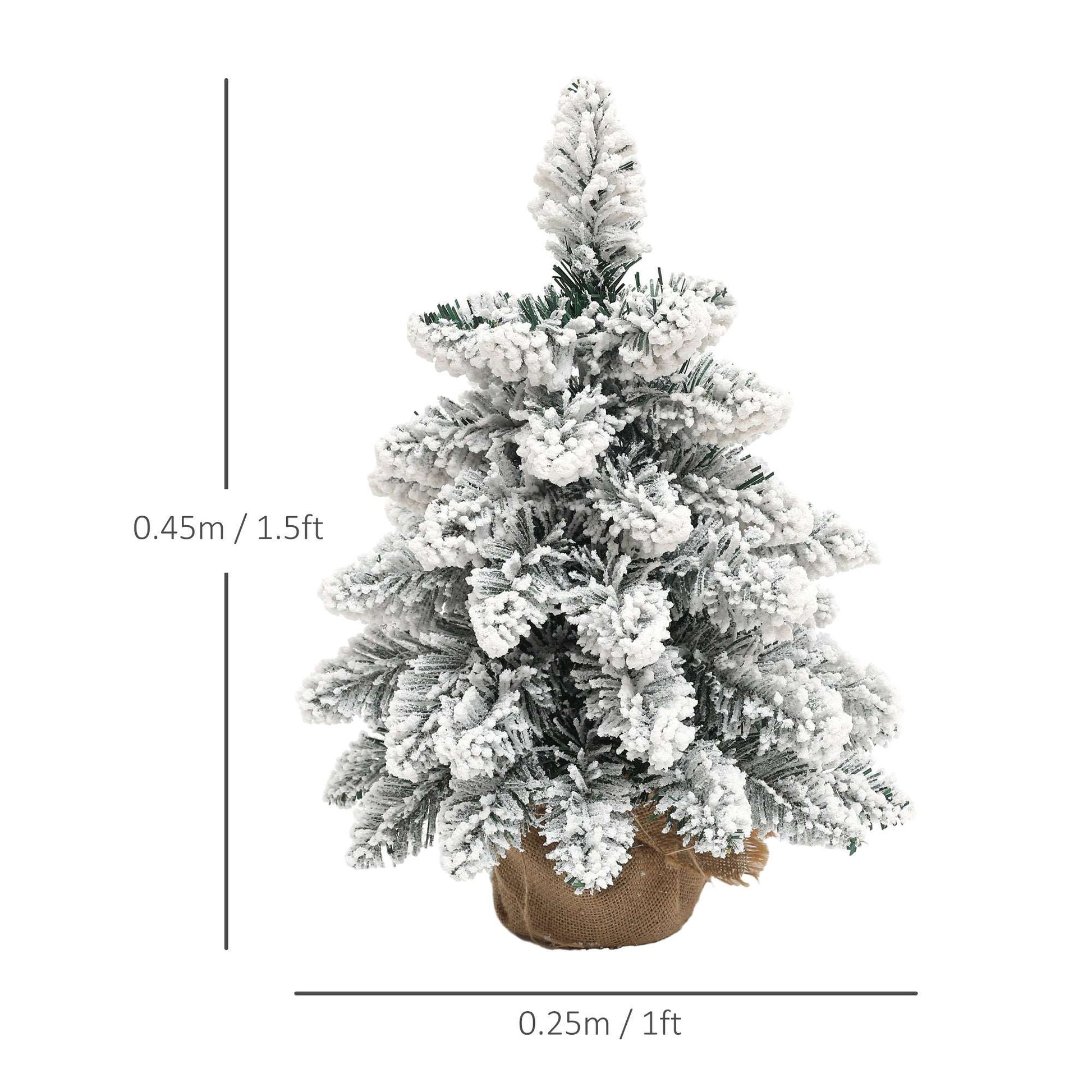 1.5ft Mini Artificial Christmas Trees with Lights Set of 2, Snow Flocked Tabletop with Base, Battery Operated, Desktop Party Decoration
