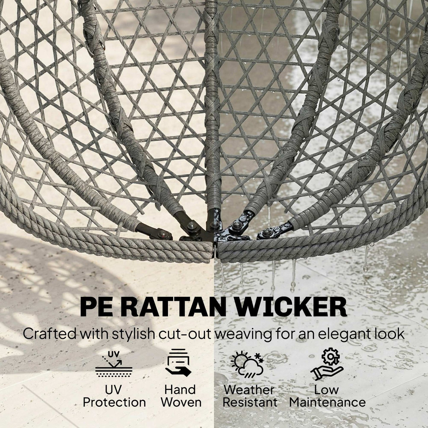 Hanging Egg Chair | Handwoven Rattan | Foldable Basket | 15cm Cushion & Headrest | Dark Grey