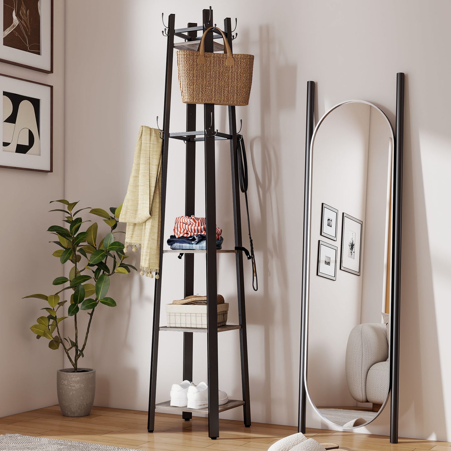 Industrial Coat Stand with 8 Hooks and 4 Shelves - Grey / Rustic Brown