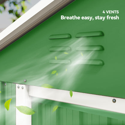 Galvanised Steel Garden Storage Shed | Double Sliding Lockable Door | 4 Vents | Sloped Roof | Steel Tile Roof & Walls | 194x107x191cm | 1.8m² | Green