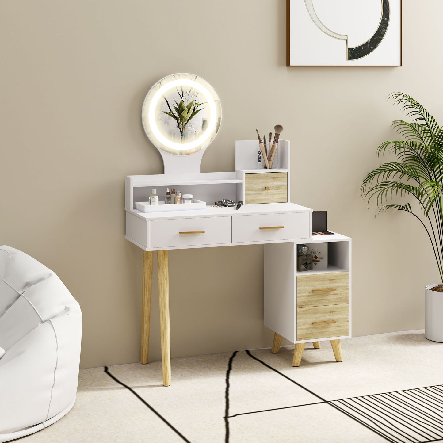 Elegant Dressing Dresser Table Vanity Desk, with Storage - White