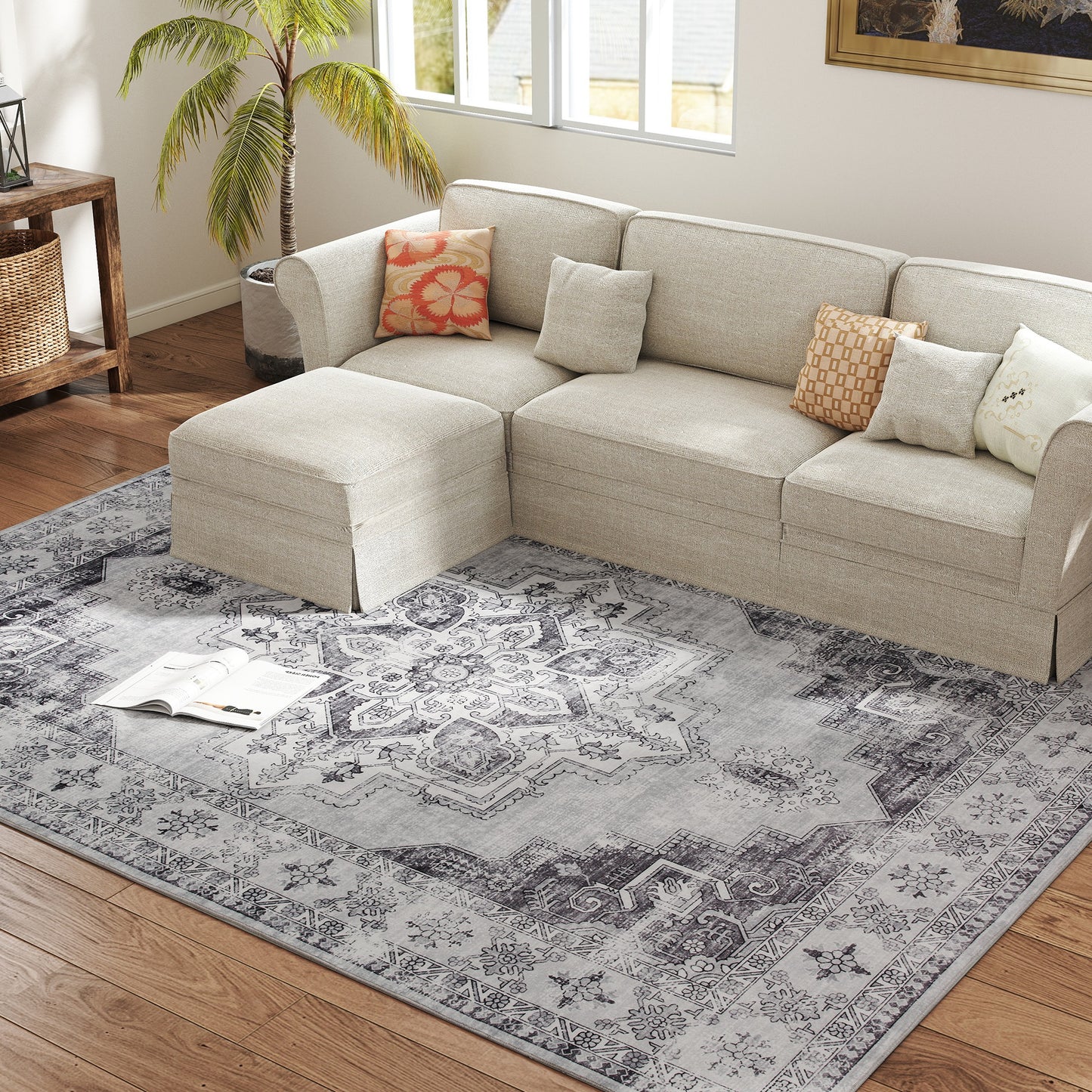 Vintage Floral Area Rug | Machine Washable | Soft Flannel 100% Polyester | TPR Non-Slip Backing | Foldable | 290x200cm | Grey | Living Room Bedroom Dining Room Home Office
