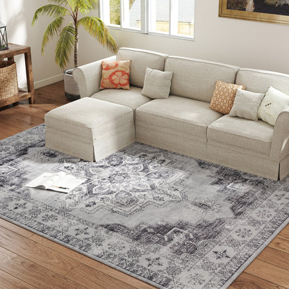 Vintage Floral Area Rug | Machine Washable | Soft Flannel 100% Polyester | TPR Non-Slip Backing | Foldable | 290x200cm | Grey | Living Room Bedroom Dining Room Home Office