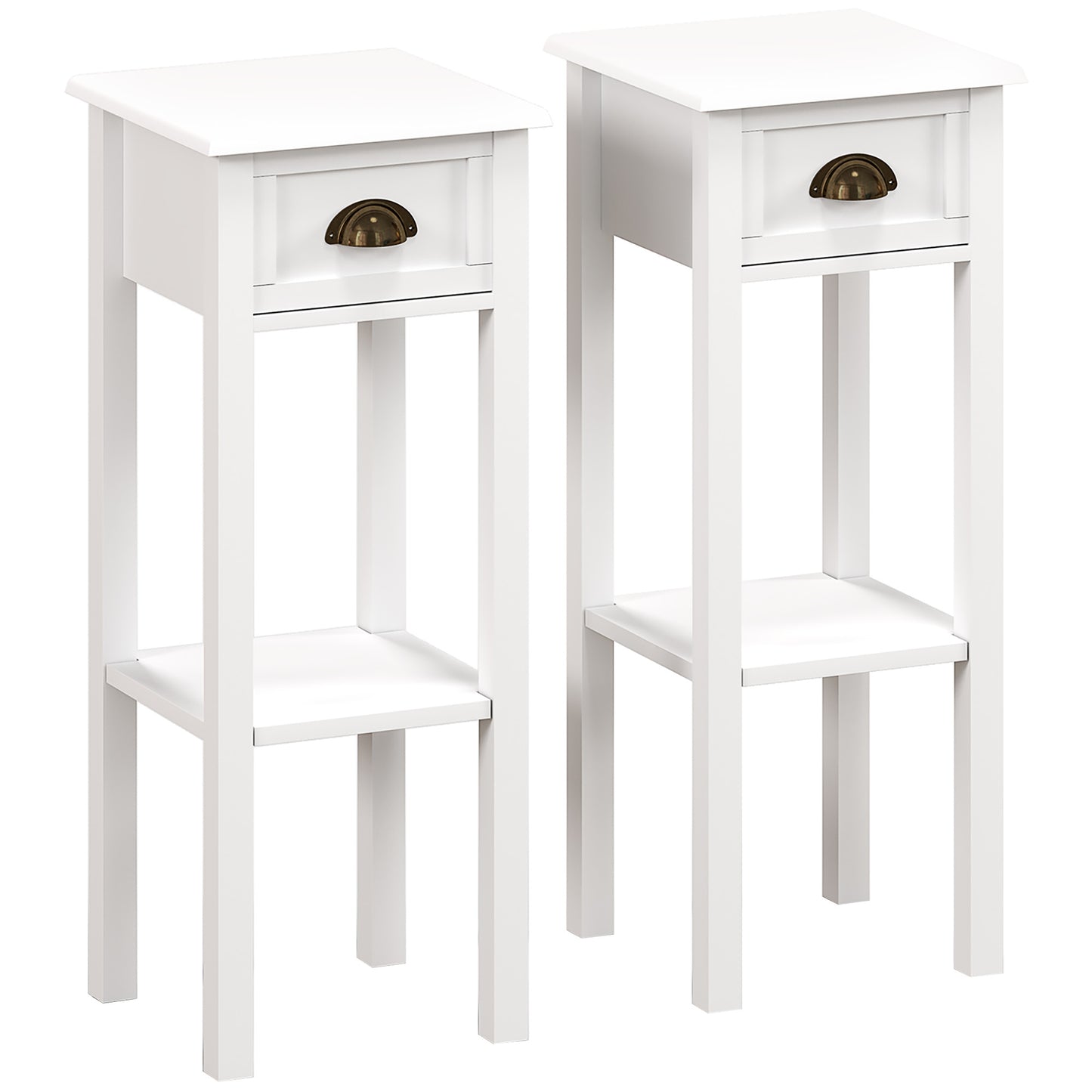 Set of 2 Side Tables | Drawer & Open Shelf | Slim 30x30x75cm | Anti-Tip | Elevated Base | MDF | White